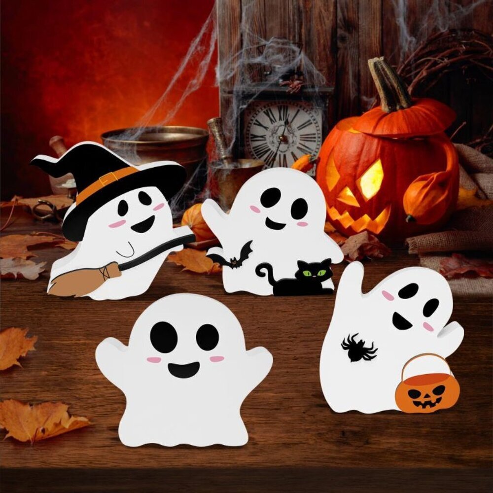 4-Piece Wooden Ghost Signs | White Halloween Tiered Tray Decor - NEW! -